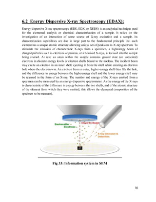50
6.2 Energy Dispersive X-ray Spectroscopy (EDAX):
Energy-dispersive X-ray spectroscopy (EDS, EDX, or XEDS) is an analytical technique used
for the elemental analysis or chemical characterization of a sample. It relies on the
investigation of an interaction of some source of X-ray excitation and a sample. Its
characterization capabilities are due in large part to the fundamental principle that each
element has a unique atomic structure allowing unique set of peaks on its X-ray spectrum. To
stimulate the emission of characteristic X-rays from a specimen, a highenergy beam of
charged particles such as electrons or protons, or a beam of X-rays, is focused into the sample
being studied. At rest, an atom within the sample contains ground state (or unexcited)
electrons in discrete energy levels or electron shells bound to the nucleus. The incident beam
may excite an electron in an inner shell, ejecting it from the shell while creating an electron
hole where the electron was. An electron from an outer, higher-energy shell then fills the hole,
and the difference in energy between the higherenergy shell and the lower energy shell may
be released in the form of an X-ray. The number and energy of the X-rays emitted from a
specimen can be measured by an energy-dispersive spectrometer. As the energy of the X-rays
is characteristic of the difference in energy between the two shells, and of the atomic structure
of the element from which they were emitted, this allows the elemental composition of the
specimen to be measured.
Fig 33: Information system in SEM
 