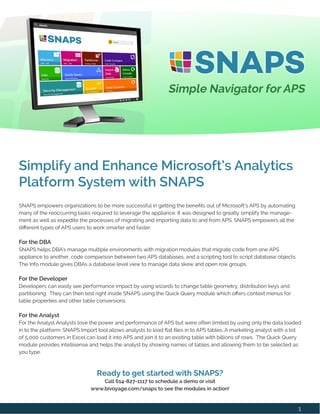 SNAPS empowers organizations to be more successful in getting the benefits out of Microsoft’s APS by automating
many of the reoccurring tasks required to leverage the appliance. It was designed to greatly simplify the manage-
ment as well as expedite the processes of migrating and importing data to and from APS. SNAPS empowers all the
different types of APS users to work smarter and faster.
For the DBA
SNAPS helps DBA’s manage multiple environments with migration modules that migrate code from one APS
appliance to another, code comparison between two APS databases, and a scripting tool to script database objects.
The Info module gives DBAs a database level view to manage data skew and open row groups.
For the Developer
Developers can easily see performance impact by using wizards to change table geometry, distribution keys and
partitioning. They can then test right inside SNAPS using the Quick Query module which offers context menus for
table properties and other table conversions.
For the Analyst
For the Analyst Analysts love the power and performance of APS but were often limited by using only the data loaded
in to the platform. SNAPS Import tool allows analysts to load flat files in to APS tables. A marketing analyst with a list
of 5,000 customers in Excel can load it into APS and join it to an existing table with billions of rows. The Quick Query
module provides intellisense and helps the analyst by showing names of tables and allowing them to be selected as
you type.
Ready to get started with SNAPS?
Call 614-827-1117 to schedule a demo or visit
www.bivoyage.com/snaps to see the modules in action!
Simplify and Enhance Microsoft’s Analytics
Platform System with SNAPS
1
 