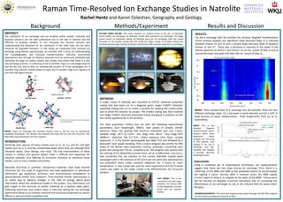 Raman Time-Resolved Ion Exchange Studies in Natrolite
Rachel Hentz and Aaron Celestian, Geography and Geology
ABSTRACT:
The mechanics of ion exchange and ion mobility within zeolitic materials and
aqueous solutions are not well understood due to the rate of reaction and the
difficulty in probing samples in situ. Knowing the reaction process and
understanding the behaviors of ion mechanics in the solid state can we tailor
materials for specified functions. In this study, we conducted time resolved ion
exchange using Raman spectroscopy, on natrolite with a focus on understanding
the crystallographic and chemical transformations. Natrolite successfully
sequestered ions through its elliptical channels and has previously exhibited high
selectivity for large ion radius cations. Our studies had shown that there is a two
step exchange process: 1) softening of the 8 member rings as K exchanges directly
into the Na site, and 2) after an unmeasured amount of K had exchanged, the 4
member ring columns rapidly distort to open the 8 member rings as K migrates to
one side (see figure below).
Background Methods/Experiment Results and Discussion
DISCUSSION:
Using a combined set of experimental techniques, our measurements
suggest that there are two steps during ion exchange. First, there is a
‘softening’ of the 8MR and 4MR as the polyhedra distort to accommodate
the ingoing K cation. Second, after a maximal strain, the 8MR rapidly
(>1min.) open to allow K to migrate to the walls of the 8MR. Future work
will be focused on detailed structural transitions and on increasing the
effectiveness of ion exchanges to use in the industry field for waste water
filtration.
METHODS:
A single crystal of natrolite was mounted to 0.0125” diameter polyimide
tubing that had been cut to a diagonal point. Larger 0.0625” diameter
polyimide tubing was cut to create a window for viewing the crystal inside
and to allow the solution to escape. The smaller tubing was then inserted
into larger 0.0625” diameter polyimide tubing and glued in position so that
the crystal appeared flat in the window.
The data acquisition routine was set with the following experimental
parameters: laser wavelength, 780nm; laser power at sample, 24mW;
aperture, 50µm slit; grating, 830 line/mm; estimated spot size, 1.6µm;
allowed range, 1871 to 23cm-1
; min range limit, 50cm-1
; max range limit
1868cm-1
; objective, 50x 0.5 N.A.; collect exposure time 10sec; sample
exposures, 3. A dry Raman spectrograph was taken first and followed by a
deionized “wet” graph sampling. Then a macro program was written for 400
loops of the Raman data acquisition routine, automatic smoothing each
graph, and saving each 30 sec. complete scan. The program was started with
the starting of the Masterflex Console Drive, set at .6 (effectively 1 mL/min.),
that connected the ion solution to the crystal. Natrolite crystals were
exchanged with 0.1M solutions of KCl (CsCl and LiCl were also examined but
not presented here) under constant advection for 4 hours at room
temperature. A new crystal was used for each experiment and the finished
crystal was taken to the single crystal x-ray diffractometer for structural
analysis.
AKNOWLEDGEMENTS: This work was supported by a grant through the NSF-REU program
and the Advanced Materials Institute at WKU.
ABOVE: Upon ion exchange the natrolite channel locks in the ion into its nanoporous
crystalline framework. This distorts the channel and traps the ion into the structure, thus
effectively sequestering the ion from solution.
PICTURE SERIES BELOW: This series displays our method setup in the lab. (1) Natrolite
crystal before ion exchange. (2) Natrolite crystal after potassium ion exchange. (3) Single
crystal mount on polyimide tubing. (4) Window setup for ion exchange, with the crystal
mounted on the smaller tubing that lies inside the larger tubing. (5) Smaller tubing was
inserted into the larger tubing. (6) Setup in the Raman DXR machine ready for ion exchange.
LEFT IMAGE: This is the
connection we had setup
between the Raman DXR
to the Masterflex Console
Drive and ion solution
bottles.
ABOVE: Time resolved data of K exchange into Na-natrolite. Note the two
different exchange steps: (1) a decrease in peak intensity and (2) a shift in
peak position to lower wavenumbers. Peak assignments from Liu et al.
(submitted).
RIGHT: This is the
Iterative Targeted
Transformation Factor
Analysis which helps
determine when
changes are occurring
in the spectra. This
analysis is for the K
exchange into Na-
natrolite and displays
a possible two-step
exchange process.
RESULTS:
For the K exchange with Na-natrolite the Iterative Targeted Transformation
Factor Analysis displays one significant slope decrease (Step 1) in intensity
between frames 10 and 15 and a second slope decrease (Step 2) between
frames 15 and 17. There was a decrease in intensity of the peaks in the
Raman spectrum at 443cm-1 and 535cm-1 at 43 min. (onset of Step 1) and at
second decrease and peak shift after 48 min. (onset of Step 2).
INTRODUCTION:
Particular toxic species of heavy metals such as Cs, Ni, Cu, and Zn, and light
metals such as Li, K, and Na contaminate water when they are released from
industrial waste, mine tailings, and rocks. The low concentrations of these
metals in surface and ground waters make it difficult and expensive for
selective removal, thus offering no economic incentive to reprocess those
metals, such as into a sellable commodity.
Naturally occurring or synthetic nanoporous materials have large channel
structures (on the scale of angstroms) and have applications in petroleum
refinement, gas separation, fertilizers, and environmental remediation to
adsorb/desorb metals from solutions. Time-resolved Raman spectroscopy is
an useful way to observe changes in the shift of energy, which gives
information about the vibrational modes in the system. This information can
give insight to the structure of zeolitic materials as a reaction takes place.
Collecting spectrums and surface maps in real-time during the ion exchange
experiment allows us to monitor chemical and structural properties as cations
diffuse in and out of the crystalline host.
From Liu et al. (submitted to American Mineralogist)
Used with permission.
 
