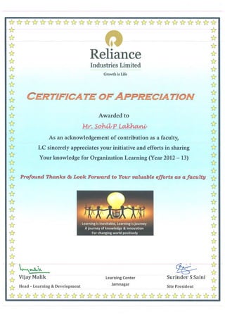 Reliance
Industries Limited
Growth is Life
CER rIFICA TE OF APPRECIA TION
Awarded to
N...PLa-khrw
As an acknowledgement of contribution as a faculty,
LC sincerely appreciates your initiative and efforts in sharing
Your knowledge for Organization Learning (Year 2012 -13)
Profound Thanks & Look Forward to Your valuable efforts as a faculty
V, tip,do
Learning is inevitable, Learning is journey
A journey of knowledge & innovation
For changing world positively
I
Vijay Malik Learning Center Surinder S Saini
IHead - Learning & Development
Jamnagar
Site President
 