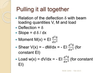 Pulling it all together
 Relation of the deflection δ with beam
loading quantities V, M and load
 Deflection = δ
 Slope = d δ / dx
 Moment M(x) = EI
𝑑2δ
𝑑𝑥2
 Shear V(x) = - dM/dx = - EI
𝑑3δ
𝑑𝑥3 (for
constant EI)
 Load w(x) = dV/dx = - EI
𝑑4δ
𝑑𝑥4 (for constant
EI)
BIOE 3200 - Fall 2015
 