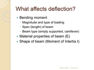 What affects deflection?
 Bending moment
◦ Magnitude and type of loading
◦ Span (length) of beam
◦ Beam type (simply supported, cantilever)
 Material properties of beam (E)
 Shape of beam (Moment of Intertia I)
BIOE 3200 - Fall 2015
 
