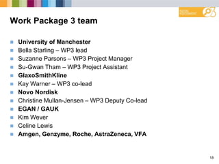 Work Package 3 team
 University of Manchester
 Bella Starling – WP3 lead
 Suzanne Parsons – WP3 Project Manager
 Su-Gwan Tham – WP3 Project Assistant
 GlaxoSmithKline
 Kay Warner – WP3 co-lead
 Novo Nordisk
 Christine Mullan-Jensen – WP3 Deputy Co-lead
 EGAN / GAUK
 Kim Wever
 Celine Lewis
 Amgen, Genzyme, Roche, AstraZeneca, VFA
18
 