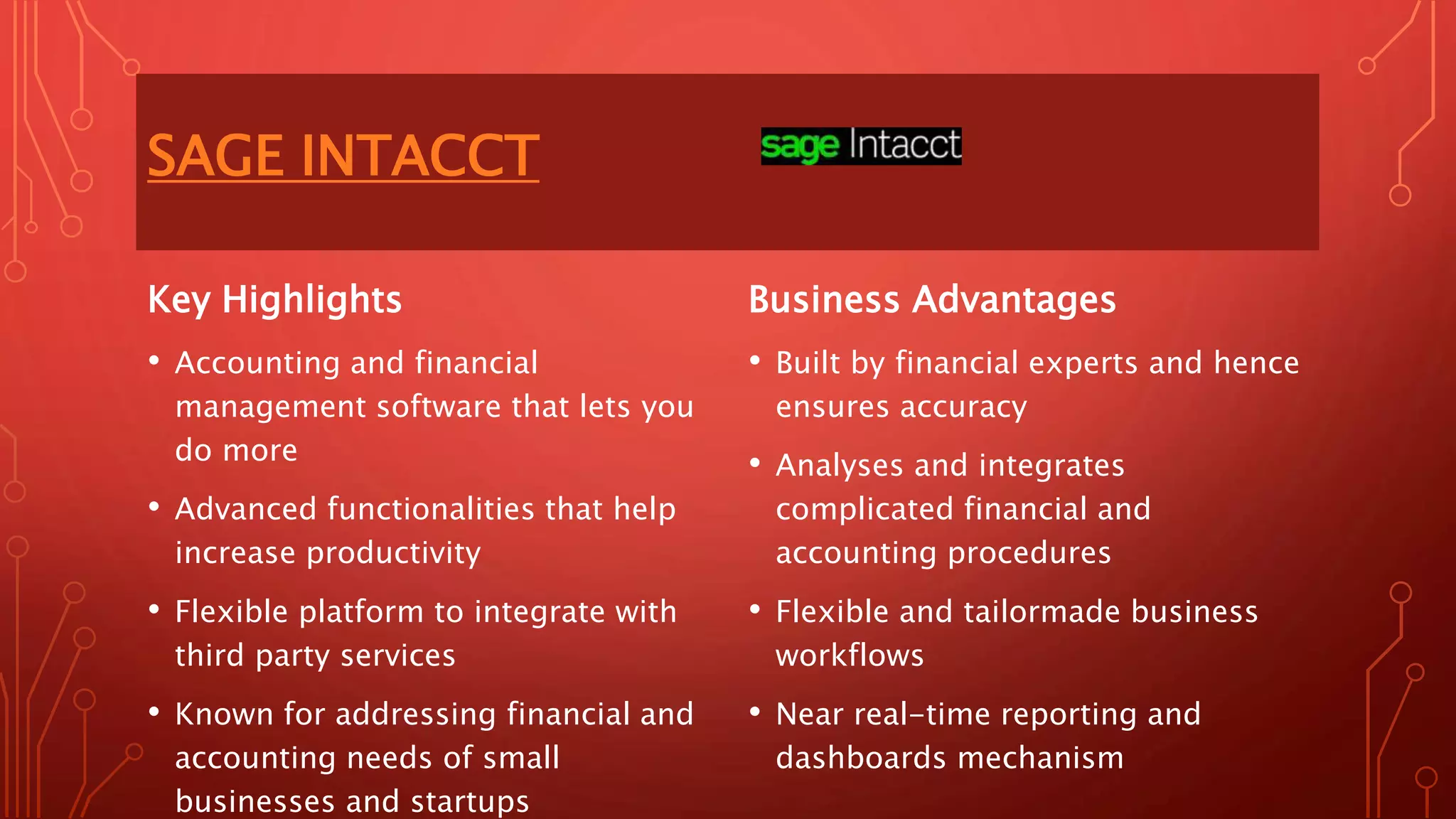 SAGE INTACCT
Key Highlights
• Accounting and financial
management software that lets you
do more
• Advanced functionalities that help
increase productivity
• Flexible platform to integrate with
third party services
• Known for addressing financial and
accounting needs of small
businesses and startups
Business Advantages
• Built by financial experts and hence
ensures accuracy
• Analyses and integrates
complicated financial and
accounting procedures
• Flexible and tailormade business
workflows
• Near real-time reporting and
dashboards mechanism
 