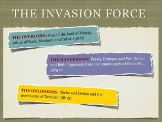 THE INVASION FORCE
,
he land of Magog
of t
ERLORD: Gog,
THE OV
)
and Tubal. (38:8
e ch
ce of Rosh, Mesh
prin

THE HANGERS-ON: Persia, Ethiopia and Put; Gomer
and Beth-Togarmah from the remote parts of the north .
38:5+6

THE ONLOOKERS:
Sheba and Dedan and
the
merchants of Tarshish
(38:13)

 