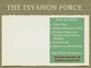 THE INVASION FORCE
WHO IS LISTED:
1. Libya (Put)
2. Sudan/Ethiopia (Cush)
3. Turkey (Name your
favorite entry-mine’s
‘Magog’)
4. Iran (Persia)
5. Remote northern lands
RELATION TO ISRAEL:
At least one tier of
nations removed

 