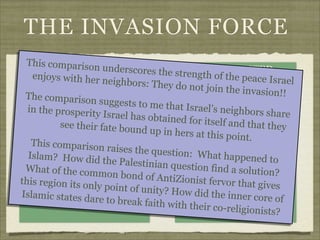 THE INVASION FORCE
This comparison
unders
WHO’S NOT LISTED cores the streng
WHO IS LISTED
th of the peace Is
enjoys with her n
rael
eighbors: They d
o not join th
1. Lebanon
1. Libya (Put)e inv
asion!!
The co
2. Syria mparison suggests to m
2. Sudan/Ethiopia (Cush)
e that Israel’s ne
in the prosperity
ighb your
3. Jordan
Israel has obtain3. Turkey (Nameors share
ed for itself and t
hat the
4. Gaza see their fate bound up in favorite entry-mine’s y
hers at this point
‘Magog’)
.
5. This com
Saudi Arabia
parison raises th
e questi4.n: Wha
o Iran (Persia) e
6.IEgypt How
slam?
t happ ned to
did the Palestini
5. stion northern lands
an queRemote d
fin a solution?
What of the com
mon bond of Ant
iZionist fervor th
this region its on
a ISRAEL
lyISRAELf unity? RELATION TO t gives
point o
TO
How did the inne
IslRELATION da
amic states re
c nations
to break faith wiAt least one tierrofore of
Her Immediate Neighbors
th their co-religio
removednists?

 