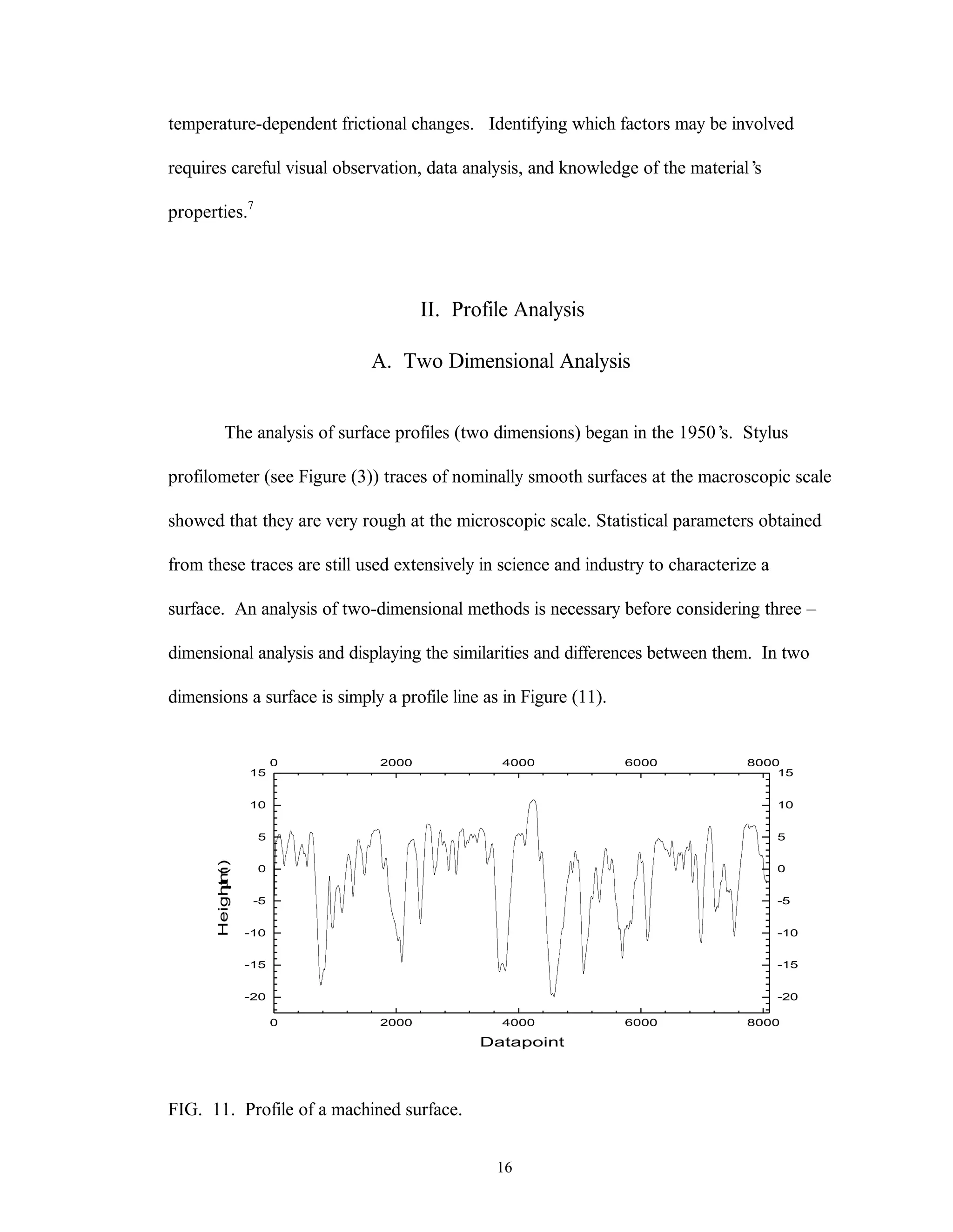 16
temperature-dependent frictional changes. Identifying which factors may be involved
requires careful visual observation, data analysis, and knowledge of the material’s
properties.7
II. Profile Analysis
A. Two Dimensional Analysis
The analysis of surface profiles (two dimensions) began in the 1950’s. Stylus
profilometer (see Figure (3)) traces of nominally smooth surfaces at the macroscopic scale
showed that they are very rough at the microscopic scale. Statistical parameters obtained
from these traces are still used extensively in science and industry to characterize a
surface. An analysis of two-dimensional methods is necessary before considering three –
dimensional analysis and displaying the similarities and differences between them. In two
dimensions a surface is simply a profile line as in Figure (11).
0 2000 4000 6000 8000
-20
-15
-10
-5
0
5
10
15
0 2000 4000 6000 8000
-20
-15
-10
-5
0
5
10
15
Height(µm)
Datapoint
FIG. 11. Profile of a machined surface.
 