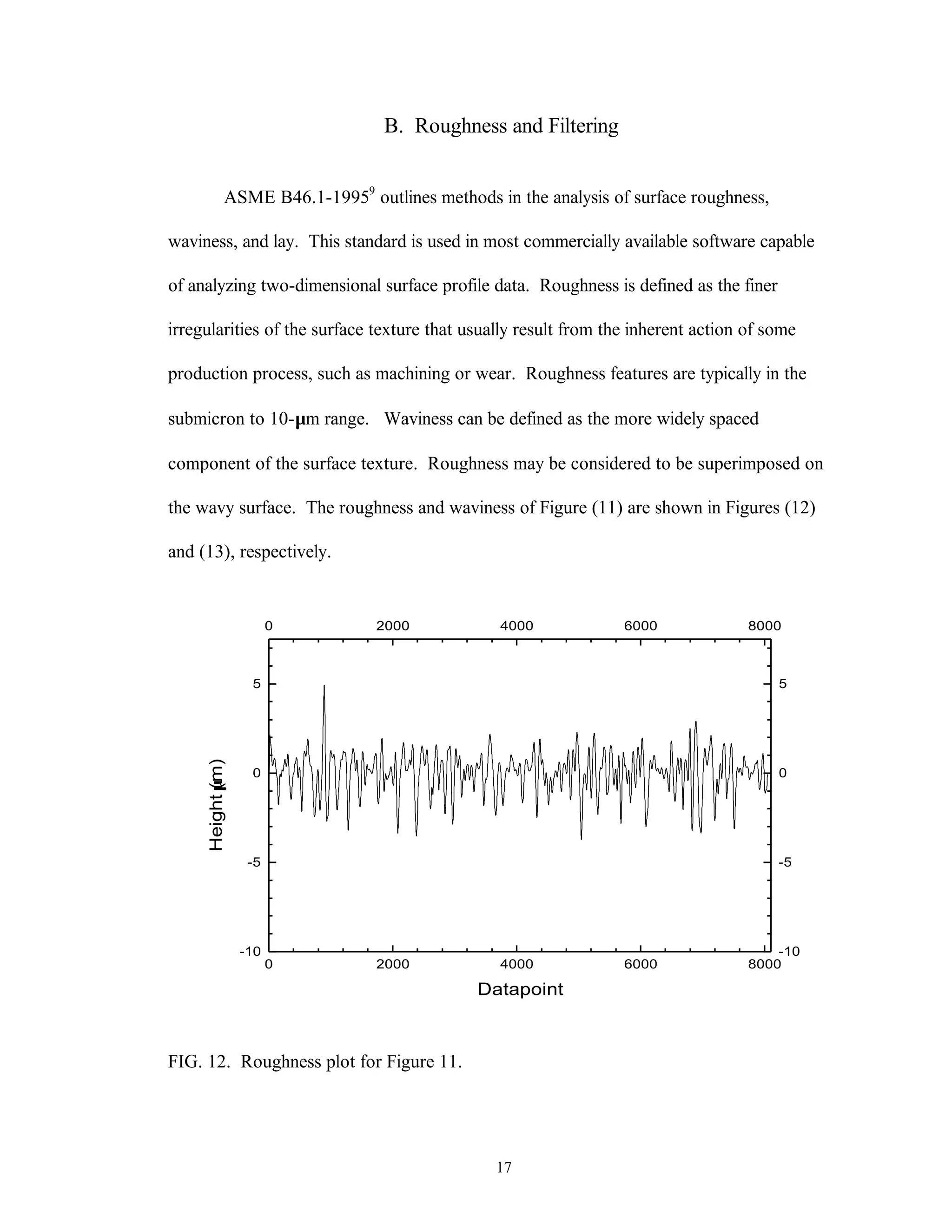 17
B. Roughness and Filtering
ASME B46.1-19959
outlines methods in the analysis of surface roughness,
waviness, and lay. This standard is used in most commercially available software capable
of analyzing two-dimensional surface profile data. Roughness is defined as the finer
irregularities of the surface texture that usually result from the inherent action of some
production process, such as machining or wear. Roughness features are typically in the
submicron to 10-µm range. Waviness can be defined as the more widely spaced
component of the surface texture. Roughness may be considered to be superimposed on
the wavy surface. The roughness and waviness of Figure (11) are shown in Figures (12)
and (13), respectively.
0 2000 4000 6000 8000
-10
-5
0
5
0 2000 4000 6000 8000
-10
-5
0
5
Height(µm)
Datapoint
FIG. 12. Roughness plot for Figure 11.
 