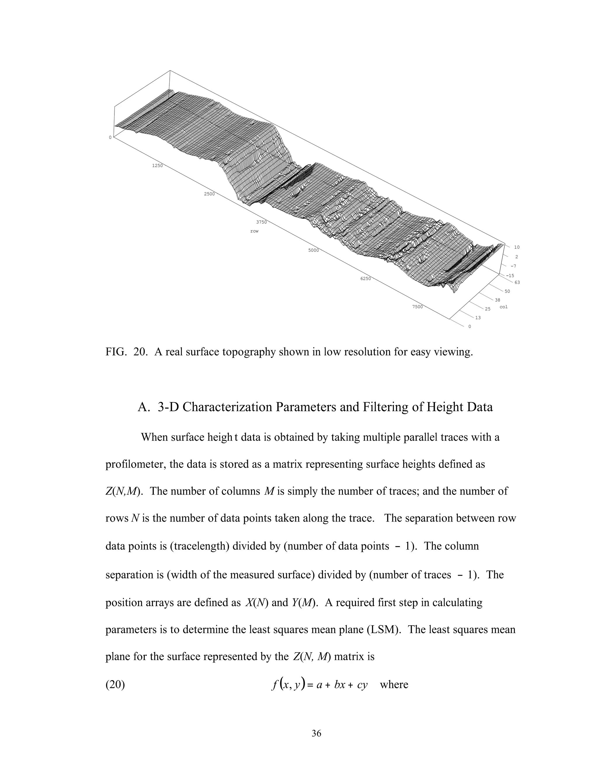 36
0
1250
2500
3750
5000
6250
7500
row
0
13
25
38
50
63
col
-15
-7
2
10
FIG. 20. A real surface topography shown in low resolution for easy viewing.
A. 3-D Characterization Parameters and Filtering of Height Data
When surface heigh t data is obtained by taking multiple parallel traces with a
profilometer, the data is stored as a matrix representing surface heights defined as
Z(N,M). The number of columns M is simply the number of traces; and the number of
rows N is the number of data points taken along the trace. The separation between row
data points is (tracelength) divided by (number of data points − 1). The column
separation is (width of the measured surface) divided by (number of traces − 1). The
position arrays are defined as X(N) and Y(M). A required first step in calculating
parameters is to determine the least squares mean plane (LSM). The least squares mean
plane for the surface represented by the Z(N, M) matrix is
(20) ( ) where, cybxayxf ++=
 