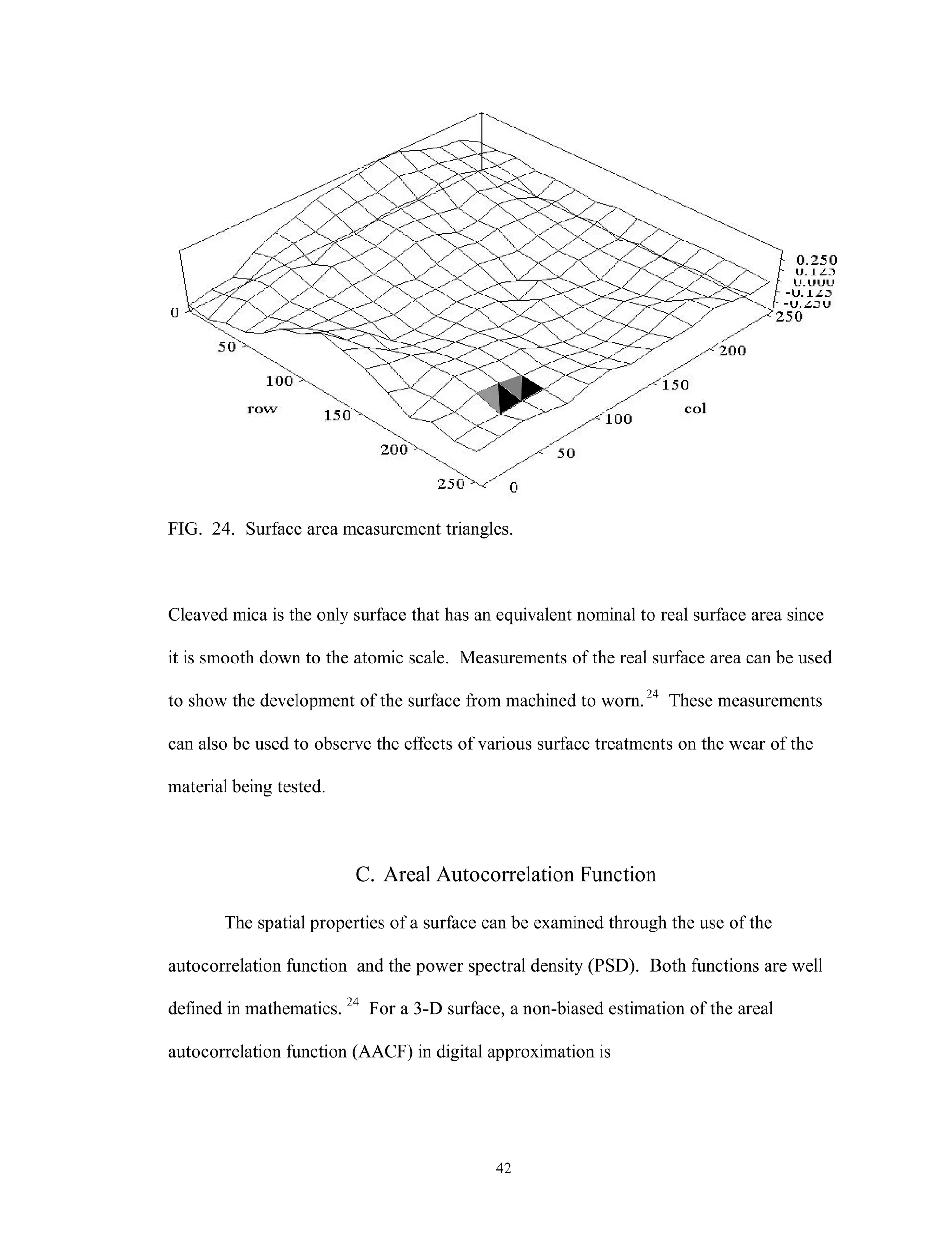 42
FIG. 24. Surface area measurement triangles.
Cleaved mica is the only surface that has an equivalent nominal to real surface area since
it is smooth down to the atomic scale. Measurements of the real surface area can be used
to show the development of the surface from machined to worn.24
These measurements
can also be used to observe the effects of various surface treatments on the wear of the
material being tested.
C. Areal Autocorrelation Function
The spatial properties of a surface can be examined through the use of the
autocorrelation function and the power spectral density (PSD). Both functions are well
defined in mathematics. 24
For a 3-D surface, a non-biased estimation of the areal
autocorrelation function (AACF) in digital approximation is
 