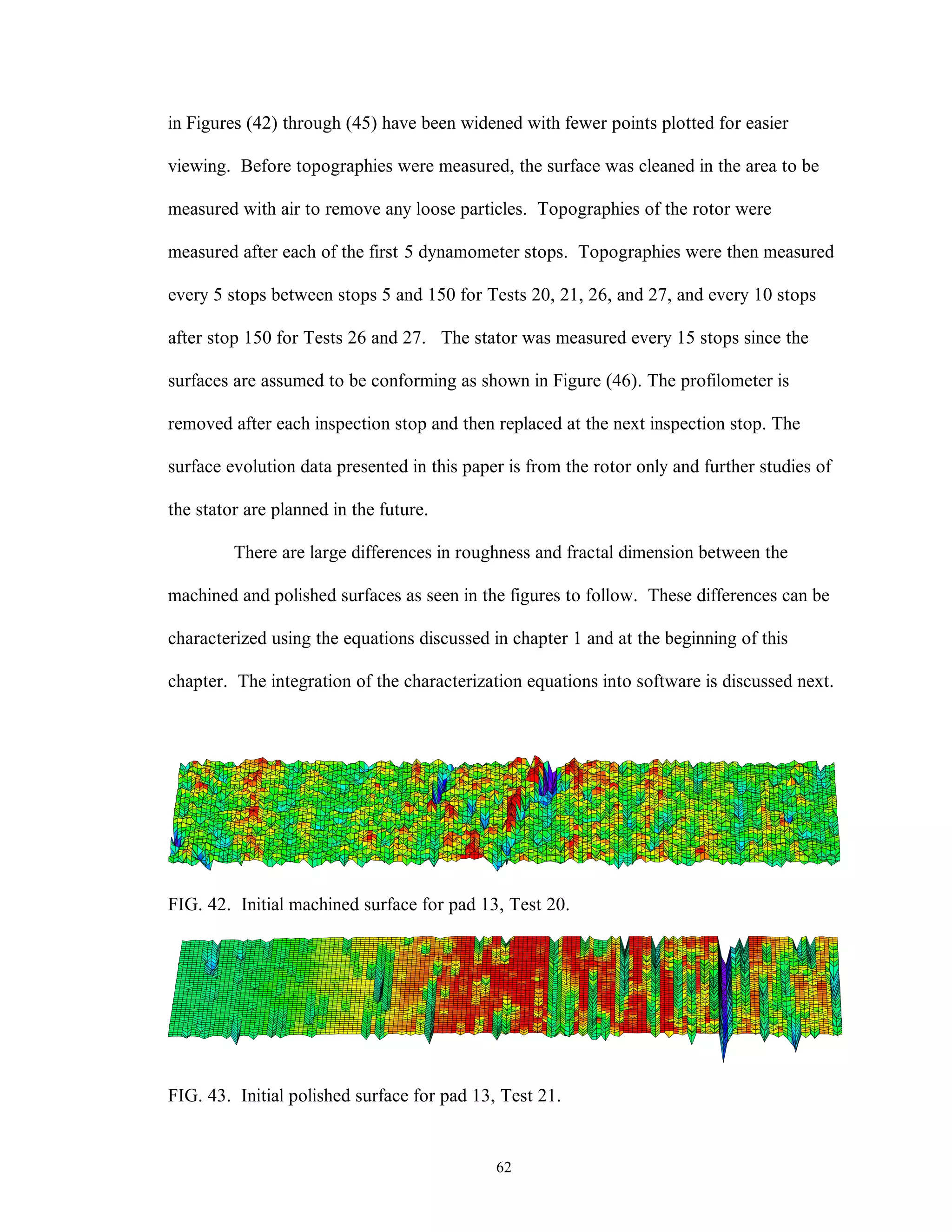 62
in Figures (42) through (45) have been widened with fewer points plotted for easier
viewing. Before topographies were measured, the surface was cleaned in the area to be
measured with air to remove any loose particles. Topographies of the rotor were
measured after each of the first 5 dynamometer stops. Topographies were then measured
every 5 stops between stops 5 and 150 for Tests 20, 21, 26, and 27, and every 10 stops
after stop 150 for Tests 26 and 27. The stator was measured every 15 stops since the
surfaces are assumed to be conforming as shown in Figure (46). The profilometer is
removed after each inspection stop and then replaced at the next inspection stop. The
surface evolution data presented in this paper is from the rotor only and further studies of
the stator are planned in the future.
There are large differences in roughness and fractal dimension between the
machined and polished surfaces as seen in the figures to follow. These differences can be
characterized using the equations discussed in chapter 1 and at the beginning of this
chapter. The integration of the characterization equations into software is discussed next.
FIG. 42. Initial machined surface for pad 13, Test 20.
FIG. 43. Initial polished surface for pad 13, Test 21.
 