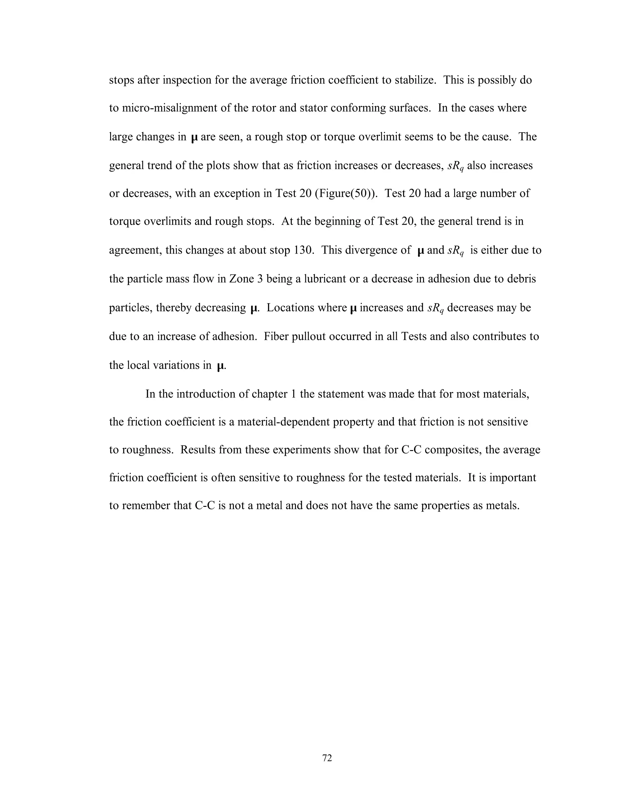 72
stops after inspection for the average friction coefficient to stabilize. This is possibly do
to micro-misalignment of the rotor and stator conforming surfaces. In the cases where
large changes in µ are seen, a rough stop or torque overlimit seems to be the cause. The
general trend of the plots show that as friction increases or decreases, sRq also increases
or decreases, with an exception in Test 20 (Figure(50)). Test 20 had a large number of
torque overlimits and rough stops. At the beginning of Test 20, the general trend is in
agreement, this changes at about stop 130. This divergence of µ and sRq is either due to
the particle mass flow in Zone 3 being a lubricant or a decrease in adhesion due to debris
particles, thereby decreasing µ. Locations where µ increases and sRq decreases may be
due to an increase of adhesion. Fiber pullout occurred in all Tests and also contributes to
the local variations in µ.
In the introduction of chapter 1 the statement was made that for most materials,
the friction coefficient is a material-dependent property and that friction is not sensitive
to roughness. Results from these experiments show that for C-C composites, the average
friction coefficient is often sensitive to roughness for the tested materials. It is important
to remember that C-C is not a metal and does not have the same properties as metals.
 