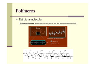 Polímeros
Estrutura molecular
Polímeros lineares: quando os meros ligam-se uns aos outros em seu terminal
 