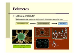 Polímeros
Estrutura molecular
Polímeros em rede: quando meros trifuncionais (3 ligações covalentes) se unem
Rede tridimensional Polímeros em rede Ex: epoxi
Esfera com 0,002 m de diâmetro
e resina epoxi
 
