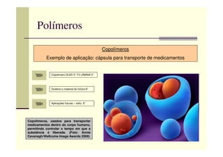 Polímeros
Copolímeros
Exemplo de aplicação: cápsula para transporte de medicamentos
Copolimero OLED 5” TV LÂMINA 5”
Copolímeros, usados para transportar
medicamentos dentro do corpo humano,
permitindo controlar o tempo em que a
substância é liberada. (Foto: Annie
Cavanagh/Wellcome Image Awards 2009)
Grafeno o material do fufutro 6”
Aplicações futuras – vidro 6”
 