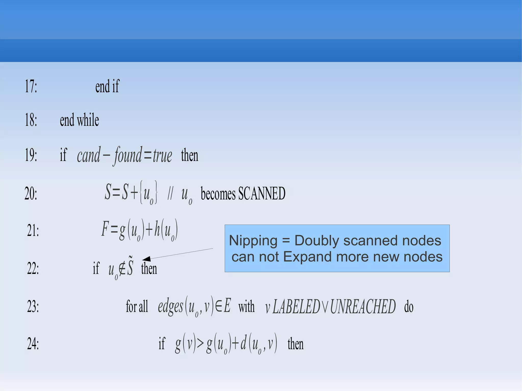 17: endif
18: endwhile
19: if cand−found=true then
20: S=S{uo} // uo becomesSCANNED
21: F=guohuo
22: if uo∉S then
23: forall edgesuo,v∈E with vLABELED∨UNREACHED do
24: if gvguoduo ,v then
Nipping = Doubly scanned nodes
can not Expand more new nodes
 