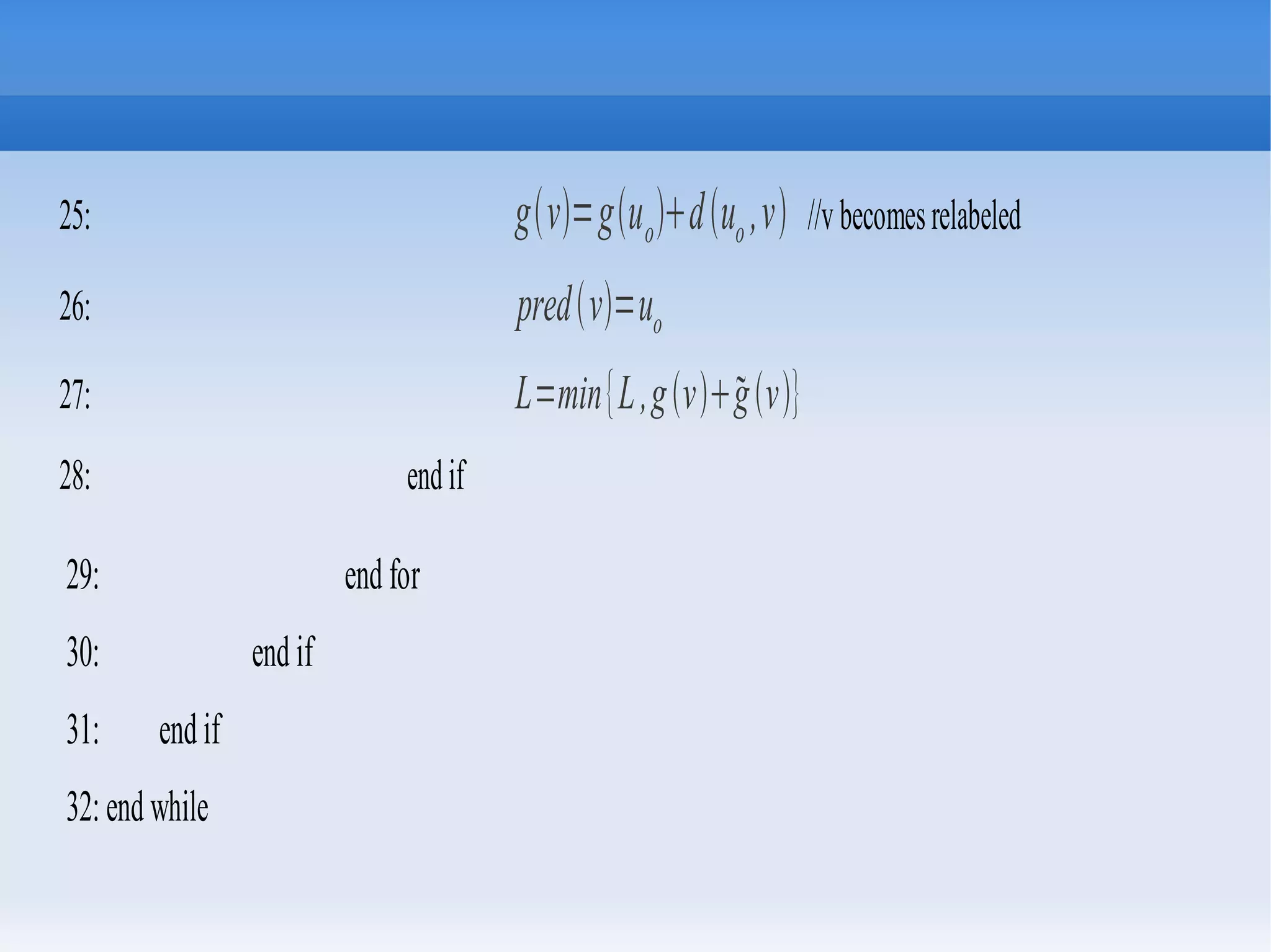 25: gv=guoduo ,v //vbecomesrelabeled
26: predv=uo
27: L=min{L,gvgv}
28: endif
29: end for
30: end if
31: endif
32:endwhile
 