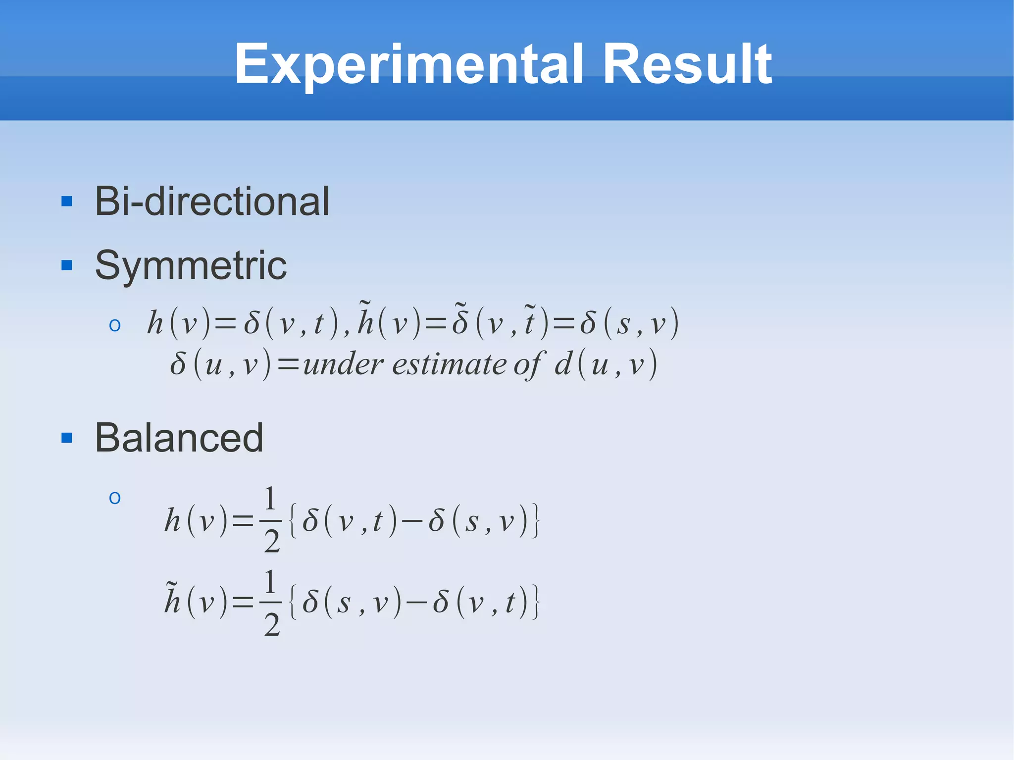 Experimental Result
 Bi-directional
 Symmetric
O
 Balanced
O
hv=v ,t , hv=v ,t =s ,v
u ,v=under estimate of du ,v
hv=
1
2
{v ,t −s ,v}
hv=
1
2
{s ,v−v ,t}
 