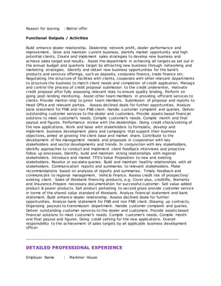 Reason for leaving : Better offer
Functional Outputs / Activities
Build enhance dealer relationship. Dealership network profit, dealer performance and
improvement. Grow and maintain current business, identify market opportunity and high
potential clients. Create and implement sales strategies to develop new business and
achieve sales target and results. Assist the department in achieving all targets as set out in
the annual budget and quarterly target by attracting new business through networking and
marketing strategies. Identify and obtain new business opportunities for the bank’s
products and services offerings, such as deposits, corporate finance, trade finance etc.
Negotiating the structure of facilities with clients, cooperate with other relevant departments
to structure the business to match client needs and completion of credit application. Manage
and control the process of credit proposal submission to the credit underwriter, motivate
credit proposal after fully assessing relevant risks to ensure quality lending. Perform on
going post-lending monitoring. Assist other team members in providing efficient services to
clients. Provide mentor-ship to junior team members. Submission of proposal and reports to
Head Office and relevant parties. Assess declined deals for further opportunities. Analyze
bank statement for FNB and non FNB client. Handle customer complaint and queries. Deliver
outstanding customer services to the dealer and customers. Provide assets based financial
solutions to meet customer’s needs. Compile customer’s needs. Compile month end final
payout and figures. Performance review with the dealerships. Doing credit check/vetting of
the new applications. Work and liaise with stakeholders to formulate, develop and
implement business development plans and campaigns that support their business
objectives, aimed at growing the client base and market share. Contribute to the
development of fee management models and proposals in cooperation with key
stakeholders and sector developments and trends. In conjunction with key stakeholders,
identify approaches to conduct and implement client feedback interviews and proactive
follow up processes. Identify, build and maintain strong relationships with regional
stakeholders. Introduce and market TFS's Value Proposition to new and existing
stakeholders. Resolve or escalate queries. Build and maintain healthy relationships with all
stakeholders. Communication reports and summaries to relevant stakeholders. Make
recommendations based on analyses of reports and summaries. Timely feedback and
communicate to regional management. Vehicle finance. Assess credit risk of prospective/
existing client. Sales of Wesbank financing products, e.g. Cover plus, creditlife, Warranty
and Insurance.Prepare necessary documentation for successful customer. Sell value added
product & power products. Sell product pertaining to second gross provide customer service
in terms of the shared value standard of Wesbank. Analyze financial statement and bank
statement. Build enhance dealer relationship. Assess declined deals for further
opportunities. Analyze bank statement for FNB and non FNB client. Drawing up contracts.
Organizing payouts to transmission department. Handle customer complaint and queries.
Deliver outstanding customer services to the dealer and customers. Provide assets based
financial solutions to meet customer’s needs. Compile customer’s needs. Compile month
end final payout and figures. Doing credit vetting for the new applications. Overall
responsibility to the achievement of sales targets by all applicable business development
officer.
___________________________________________________________________
DETAILED PROFESSIONAL EXPERIENCE
Employer Name : Markinor House
 