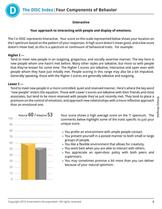 The DISC Index Four Components of Behavior
BrittanyWinspear
Copyright 2016 Innermetrix Incorporated • All rights reserved 8
Interactive
Your approach to interacting with people and display of emotions.
The I in DISC represents Interactive. Your score on this scale represented below shows your location on
the I spectrum based on the pattern of your responses. A high score doesn't mean good, and a low score
doesn't mean bad, as this is a spectrum or continuum of behavioral traits. For example:
Higher I —
Tend to meet new people in an outgoing, gregarious, and socially assertive manner. The key here is
new people whom one hasn't met before. Many other styles are talkative, but more so with people
that they've known for some time. The Higher I scores are talkative, interactive and open even with
people whom they have just initially met. People scoring in this range may also be a bit impulsive.
Generally speaking, those with the Higher I scores are generally talkative and outgoing.
Lower I —
Tend to meet new people in a more controlled, quiet and reserved manner. Here's where the key word
"new people" enters the equation. Those with Lower I scores are talkative with their friends and close
associates, but tend to be more reserved with people they've just recently met. They tend to place a
premium on the control of emotions, and approach new relationships with a more reflective approach
than an emotional one.
0
10
20
30
40
50
60
70
80
90
100
Natural 60 /Adaptive 53 Your score shows a high average score on the 'I' spectrum. The
comments below highlight some of the traits specific to just your
unique score.
• You prefer an environment with ample people contact.
• You present yourself in a poised manner to both small or large
groups of people.
• You like a flexible environment that allows for creativity.
• You work best when you are able to interact with others.
• You appreciate an open-door policy with both peers and
supervisors.
• You may sometimes promise a bit more than you can deliver
because of your natural optimism.
 