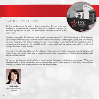 BRANCH OPERATIONS
Serving members is at the heart of branch operations. On any given day,
hundreds of transactions are processed, loans are booked and questions are
answered by the front line staff - our ambassadors stationed in the hub of the
credit union.
The tellers processed 1.83 million in-branch financial transactions and 50,188 mobile deposits in 2014. Financial
Service Representatives (FSRs) assisted members with new memberships and the opening of 8,575 new checking
accounts. These same FSRs also serviced our members various lending needs. The Member Service Representatives
answered general questions, and provided specific account needs such as issuing a new debit or credit card,
change of address or wire transfers.
The work of this staff reached beyond the walls and into the community as they accepted financial donations for
charity, hosted the annual candy sale to support the credit union movement and collected non-perishable goods
for our annual food drive.
As you can see, branches continue to be a hub of activity that support members in every aspect. While many
members prefer to do all transactions without stepping foot into a branch location, it does bring peace of mind
knowing our branch staff is ready to assist with any financial need.
12
Velsie Borja
Senior Vice President,
Operations
 
