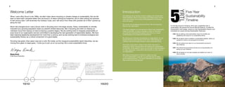 Welcome Letter
When I was a Boy Scout in the 1960s, we didn’t learn about recycling or climate change or sustainability. But we did
learn to leave each campsite better than we found it, to leave nothing but footprints, and to take nothing but pictures.
A half-century later, I still remember the Outdoor Code, and I still return from hikes with pockets full of litter I picked up
along the trail.
Much has changed since I was a Scout, both in Scouting and in the larger society. Today, sustainability is critically
important as a growing population taxes our planet’s limited resources. We in Scouting are intent on helping our
members move from leaving no trace to leaving a positive legacy. We are working hard to integrate sustainability at
every level of our organization and are committed to developing the next generation of responsible leaders. We have
been teaching leadership development for more than a century, and we are working hard to embrace ecological and
sustainability literacy as a critical component of a good leader.
Scouting was green when green was just a color. But today, as this inaugural sustainability report describes, we are
moving from green to deep green. I invite you to join us on our journey into a more sustainable future.
Wayne Brock
Chief Scout Executive
Five-Year
Sustainability
Timeline
For the Boy Scouts of America, 2013 was a watershed year in
sustainability. We opened the Summit Bechtel Reserve, unveiled the
Sustainability merit badge, named our first Sustainability Director, and
completed our award-winning Sustainability Treehouse.
	• 2014: We are defining what sustainability means for the BSA and
establishing the scope for our sustainability efforts.
	• 2015: We will gather data to establish a sustainability baseline, define our
systems for metrics, and set goals for the future.
	• 2016: We will measure and report on our achievements and launch
new initiatives.
	• 2017: The national Scout jamboree will serve as a living laboratory for
testing our new initiatives.	
	• 2018: We will gauge our five-year progress and redefine our vision of
future success.
Introduction
We challenge Scout leaders to leave a legacy, and we ask them
these questions: What will your legacy be? What impact will you
have upon others? How will you bring leadership to Scouting
and to America?
But we are not just asking those questions. We are answering
them for our organization.
This report presents our first attempt to define what sustainability
means to the BSA. In order to develop a vision for the future,
we must first understand the present and come to a mutual
understanding of our goals and philosophies.
By defining new methods of evaluating our organization, we can
expand the focus and intention of our work, while leading our
members and communities toward a more sustainable future.
This report, along with a variety of new online resources, is
designed to start a dialogue about the meaning of sustainability
for the BSA. In the years to come, we will build on that foundation
to make meaningful, measurable improvements in every area of
our organization.
BSA National President Dr. Robert M. Gates has said,
“In each organization I have led, my goal has been to make
good institutions better.” This report represents an important
step toward achieving that goal.
1910 1920 1940 1950
The Boy Scouts of America is founded.
The first American Handbook for Boys
introduces the Conservation merit badge.
To earn the badge, Scouts must learn
about timberland, water pollution, farming,
and nearby game animals.
Dr. William T. Hornaday, director of the
New York Zoological Park and founder
of the National Zoo in Washington, D.C.,
establishes the Wildlife Protection
Medal, which will later become the
William T. Hornaday Award.
In support of the war effort, Scouts plant
12,000 victory gardens, sell more than
$355 million in Liberty Loan bonds and war
savings stamps (more than $6 billion in
2014 dollars), collect 100 railroad cars of
nut hulls and peach pits for gas-mask
manufacture, locate 21 million board feet
of black walnut trees for gunstocks and
airplane propellers, and distribute more than
300 million pieces of government literature.
After the death of Dr. William T. Hornaday,
the BSA assumes responsibility for the
Wildlife Protection Medal and renames it
in Hornaday’s memory.
The government requests 69 war-related projects
of the BSA. Scouts collect 210,000 tons of scrap
metal, 590,000 tons of waste paper, and enough
milkweed floss to make nearly 2 million life jackets.
They distribute millions of government posters, plant
184,000 victory gardens, and plant nearly two
million trees to replace those harvested for the
war effort. More than 126,000 Scouts help
shorthanded farmers harvest their crops.
Nearly 300,000 Scouts receive the Gene
Waste Paper medal for collecting at least
of waste paper. The General MacArthur G
goes to 20,000 Scouts for outstanding a
gardening in support of the war effort.
Scouting introduce
which inspires gene
clean in their outdo
with fire, be conside
and be conservatio
2 3
 