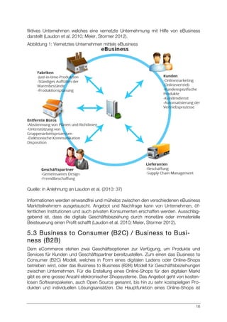 16
fiktives Unternehmen welches eine vernetzte Unternehmung mit Hilfe von eBusiness
darstellt (Laudon et al. 2010; Meier, Stormer 2012).
Abbildung 1: Vernetztes Unternehmen mittels eBusiness
Quelle: in Anlehnung an Laudon et al. (2010: 37)
Informationen werden einwandfrei und mühelos zwischen den verschiedenen eBusiness
Marktteilnehmern ausgetauscht. Angebot und Nachfrage kann von Unternehmen, öf-
fentlichen Institutionen und auch privaten Konsumenten erschaffen werden. Ausschlag-
gebend ist, dass die digitale Geschäftsbeziehung durch monetäre oder immaterielle
Beisteuerung einen Profit schafft (Laudon et al. 2010; Meier, Stormer 2012).
5.3 Business to Consumer (B2C) / Business to Busi-
ness (B2B)
Dem eCommerce stehen zwei Geschäftsoptionen zur Verfügung, um Produkte und
Services für Kunden und Geschäftspartner bereitzustellen. Zum einen das Business to
Consumer (B2C) Modell, welches in Form eines digitalen Ladens oder Online-Shops
betrieben wird, oder das Business to Business (B2B) Modell für Geschäftsbeziehungen
zwischen Unternehmen. Für die Erstellung eines Online-Shops für den digitalen Markt
gibt es eine grosse Anzahl elektronischer Shopsysteme. Das Angebot geht von kosten-
losen Softwarepaketen, auch Open Source genannt, bis hin zu sehr kostspieligen Pro-
dukten und individuellen Lösungsansätzen. Die Hauptfunktion eines Online-Shops ist
 