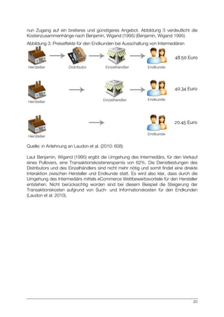20
nun Zugang auf ein breiteres und günstigeres Angebot. Abbildung 3 verdeutlicht die
Kostenzusammenhänge nach Benjamin, Wigand (1995) (Benjamin, Wigand 1995).
Abbildung 3: Preiseffekte für den Endkunden bei Ausschaltung von Intermediären
Quelle: in Anlehnung an Laudon et al. (2010: 608)
Laut Benjamin, Wigand (1995) ergibt die Umgehung des Intermediärs, für den Verkauf
eines Pullovers, eine Transaktionskostenersparnis von 62%. Die Dienstleistungen des
Distributors und des Einzelhändlers sind nicht mehr nötig und somit findet eine direkte
Interaktion zwischen Hersteller und Endkunde statt. Es wird also klar, dass durch die
Umgehung des Intermediärs mittels eCommerce Wettbewerbsvorteile für den Hersteller
entstehen. Nicht berücksichtig worden sind bei diesem Beispiel die Steigerung der
Transaktionskosten aufgrund von Such- und Informationskosten für den Endkunden
(Laudon et al. 2010).
 