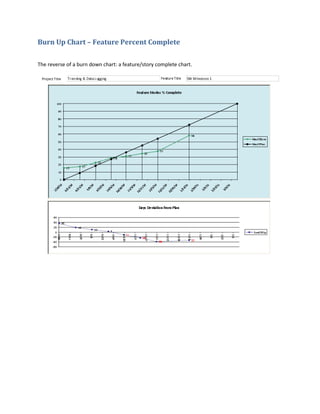Burn Up Chart – Feature Percent Complete
The reverse of a burn down chart: a feature/story complete chart.
 