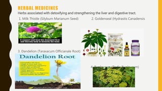 HERBAL MEDICINES
Herbs associated with detoxifying and strengthening the liver and digestive tract.
1. Milk Thistle (Silybum Marianum Seed) 2. Goldenseal (Hydrastis Canadensis
root)
3. Dandelion (Taraxacum Officianale Root)
4. Bupleurum (Radix Bupleurum)
 
