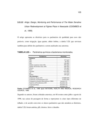 105
5.3.3.2 Artigo: Design, Monitoring and Performance of The Water Sensitive
Urban Redevelopment at Figtree Place in Newcastle (COOMBES et
al., 1999).
O artigo apresenta as diretrizes para os parâmetros de qualidade para usos não
potáveis, como irrigação, água quente, abluir ônibus, a tabela 5.20, que serviram
também para definir dos parâmetros a serem analisados nas amostras.
TABELA 5.20 – Parâmetros químicos e bacterianos monitorados.
Parâmetros Diretrizes
Químicas
NH3 0,5 mg/
NO3 50 mg/
NO2 100 mg/
Sólidos suspensos totais (SS) 500 mg/
Sólidos dissolvidos totais (SD) 500 mg/
Cloreto 250 mg/
Ferro 0,3 mg/
Chumbo 0,01 mg/
pH 6,5 a 8,5
Sulfato 250 mg/
Microbiológico
Coliformes Totais (CT) 0 NMP/100
Coliformes Termotolerantes (CF) 0 UFC/100
Contagem de bactéria Heterotóficas (CBH) Ausente (A)
Espécies de Pseudomonas (EP) Ausente (A)
Cryptosporidium Ausente (A)
Giárdia Ausente (A)
Fonte: COOMBES et al., 1999 apud NATIONAL HEALTH AND MEDICAL RESEARCH
COUNCIL, 1996.
Segundo os autores, foram coletadas amostras, em 40 eventos entre julho e agosto de
1998, nas caixas de passagem de forma a representar os cinco tipos diferentes de
telhado, e de acordo com estes os únicos parâmetros que não atendem as diretrizes,
tabela 5.20, foram amônia, pH, cloretos, ferro e chumbo.
 