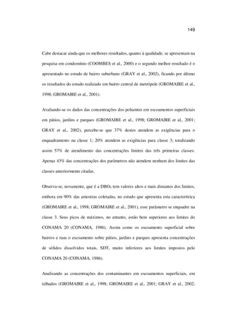 149
Cabe destacar ainda que os melhores resultados, quanto à qualidade, se apresentam na
pesquisa em condomínio (COOMBES et al., 2000) e o segundo melhor resultado é o
apresentado no estudo de bairro suburbano (GRAY et al., 2002), ficando por último
os resultados do estudo realizado em bairro central de metrópole (GROMAIRE et al.,
1998; GROMAIRE et al., 2001).
Avaliando-se os dados das concentrações dos poluentes em escoamentos superficiais
em pátios, jardins e parques (GROMAIRE et al., 1998; GROMAIRE et al., 2001;
GRAY et al., 2002), percebe-se que 37% destes atendem as exigências para o
enquadramento na classe 1; 20% atendem as exigências para classe 3; totalizando
assim 57% de atendimento das concentrações limites das três primeiras classes.
Apenas 43% das concentrações dos parâmetros não atendem nenhum dos limites das
classes anteriormente citadas.
Observa-se, novamente, que é a DBO5 tem valores altos e mais distantes dos limites,
embora em 90% das amostras coletadas, no estudo que apresenta esta característica
(GROMAIRE et al., 1998; GROMAIRE et al., 2001), esse parâmetro se enquadre na
classe 3. Seus picos de máximos, no entanto, estão bem superiores aos limites do
CONAMA 20 (CONAMA, 1986). Assim como os escoamento superficial sobre
bairros e ruas o escoamento sobre pátios, jardins e parques apresenta concentrações
de sólidos dissolvidos totais, SDT, muito inferiores aos limites impostos pelo
CONAMA 20 (CONAMA, 1986).
Analisando as concentrações dos contaminantes em escoamentos superficiais, em
telhados (GROMAIRE et al., 1998; GROMAIRE et al., 2001; GRAY et al., 2002;
 