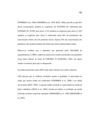 150
COOMBES et al., 2000; COOMBES et al., 1999; MAY, 2004), percebe-se que 64%
destas concentrações atendem as exigências, do CONAMA 20, substituída pela
CONAMA No 357/05, para classe 1; 6% atendem as exigências para classe 2; 10%
atendem as exigências para classe 3; totalizando assim 80% de atendimento das
concentrações limites das três primeiras classes. Apenas 20% das concentrações dos
parâmetros não atendem nenhum dos limites das classes anteriormente citadas.
Observa-se, também, que o parâmetro que apresenta maior dificuldade de
enquadramento é a DBO5, embora na maioria dos estudos encontrados este parâmetro
esteja muito inferior ao limite do CONAMA 20 (CONAMA, 1986), em alguns
estudos, ocorrerem, picos que os ultrapassam.
Os sólidos dissolvidos totais (SDT) estão muito inferiores aos limites impostos.
Cabe destacar que os melhores resultados, quanto à qualidade, se apresentam no
artigo que mostra estudo em condomínio (COOMBES et al., 2000) e na cidade
universitária (MAY, 2004), o segundo melhor resultado é o apresentado no estudo de
bairro suburbano (GRAY et al., 2002), ficando por último os resultados do estudo
realizado em bairro central de metrópole (GROMAIRE et al., 1998; GROMAIRE et
al., 2001).
 