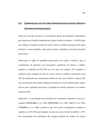 151
8.3 COMPARAÇÃO DOS VALORES APRESENTADOS EM CADA GRUPO E
CRITÉRIOS INTERNACIONAIS
Tendo em vista que, em geral, as concentrações limites dos parâmetros apresentados
pela Agência de Proteção Ambiental dos Estados Unidos da América – US EPA, para
usos urbanos e irrigação de áreas de acesso restrito ao público possuem níveis muito
restritivos a serem atendidos, serão apenas tecidos comentários, neste item, baseados
nesta norma.
Observando os dados de qualidade apresentados nos estudos, verifica-se que as
concentrações de poluentes nos escoamentos superficiais em bairros e cidades,
atendem as exigências da US EPA em 23% para usos urbanos; 35% atendem as
exigências para irrigação de áreas de acesso restrito ao público; totalizando assim
58% de atendimento das concentrações limites dos usos mais restritivos. Apenas 42%
das concentrações não atendem nenhum dos limites das classes anteriormente citadas.
Nota-se que o parâmetro que menos se enquadra nos limites impostos é o de sólidos
suspensos (SS).
Analisando as concentrações dos poluentes em escoamentos superficiais, em ruas e
calçadas (GROMAIRE et al., 1998; GROMAIRE et al., 2001; GRAY et al., 2002;
COOMBES et al., 2000), percebe-se que 43% destas concentrações atendem as
exigências da US EPA para irrigação de áreas de acesso restrito ao público; e 57%
das concentrações dos parâmetros não atendem nenhum dos limites das classes
 