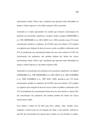 152
anteriormente citadas. Nota-se que o parâmetro que apresenta maior dificuldade em
atingir os limites impostos é o de sólidos suspensos (SS), novamente.
Avaliando-se os dados apresentados nos estudos que fornecem concentrações dos
poluentes em escoamentos superficiais, em pátios, jardins e parques (GROMAIRE et
al., 1998; GROMAIRE et al., 2001; GRAY et al., 2002), percebe-se que 17% destas
concentrações atendem as exigências, da US EPA, para usos urbanos; 35% atendem
as exigências para irrigação de áreas de acesso restrito ao público; totalizando assim
52% de atendimento das concentrações limites dos usos mais restritivos. E 48% das
concentrações dos parâmetros não atendem nenhum dos limites das classes
anteriormente citadas. Nota-se que o parâmetro que apresenta maior dificuldade em
atingir os limites impostos é o de sólidos suspensos (SS).
Analisando as concentrações dos poluentes em escoamentos superficiais, em telhados
(GROMAIRE et al., 1998; GROMAIRE et al., 2001; GRAY et al., 2002; COOMBES
et al., 2000; COOMBES et al., 1999; MAY, 2004), percebe-se que 37% destas
concentrações atendem as exigências, da US EPA, para usos urbanos; 35% atendem
as exigências para irrigação de áreas de acesso restrito ao público; totalizando assim
72% de atendimento das concentrações limites dos usos mais restritivos. Apenas 28%
das concentrações dos parâmetros não atendem nenhum dos limites das classes
anteriormente citadas.
Com relação a limites da US EPA para ferro, cádmio, cobre, chumbo, zinco,
manganês e cloretos para uso em irrigação por longo e curto período, verificou-se,
que 92% das concentrações são menores que os limites, no caso de bairros e cidades.
 