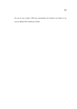 153
No caso de ruas e pátios, 100% das concentrações são inferiores aos limites. E no
caso de telhados 98% atendem aos limites.
 