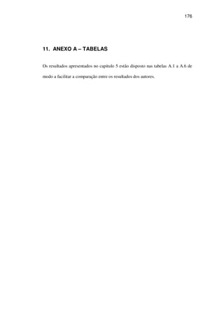 176
11. ANEXO A – TABELAS
Os resultados apresentados no capitulo 5 estão disposto nas tabelas A.1 a A.6 de
modo a facilitar a comparação entre os resultados dos autores.
 