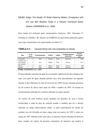 58
5.2.2.2 Artigo: The Quality Of Street Cleaning Waters: Comparison with
Dry and Wet Weather Flows in a Parisian Combined Sewer
System (GROMAIRE et al., 2000)
Este estudo foi realizado pelos pesquisadores franceses, M.C. Gromaire, S.
Garnaud, G. Chebbo e M. Ahyerre, do CEREVE, no qual foram analisadas quatro
ruas cujas características são apresentadas na tabela 5.3.
TABELA 5.3 – Características das ruas analisadas no estudo.
Rua
Nº de
pistas
Estacionamento Tráfico Asfalto
Estabelecimentos
comerciais
Área de
drenagem
(m²)
St Antoine 3 Não Pesado Bom Inúmeros 1700
Turenne (rua
fora da área
de controle)
2 Sim Médio Bom Poucos 1017
Duval 1 Sim Baixo Ruim Poucos 160
Rosiers 1 Não Médio Bom Inúmeros 186
Fonte: GROMAIRE et al., 2000.
Foram coletadas amostras da água do escoamento superficial devido à limpeza das
ruas, com jatos de água, durante período seco. Este procedimento foi repetido
durante 6 dias diferentes no mês de fevereiro de 1998. Foram coletadas amostras
de 20 eventos de chuva entre maio de 1996 e outubro de 1997. O sistema de
monitoramento utilizado foi o mesmo utilizado no artigo anterior.
As vazões da rede coletora foram medidas em períodos de seca e foram
monitoradas à saída da área de controle usando o medidor que foi o mesmo
utilizado no artigo anteriormente citado. A parte experimental do estudo do
período seco foi dividida em duas etapas uma em janeiro de 1997 e outra em
março de 1997. Durante todos estes dias, as amostras foram coletadas de hora em
hora, usando um coletor de amostras automático de amostras que tardava 6
 