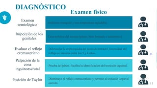 DIAGNÓSTICO
1 1
Examen
semiológico
Ambiente tranquilo y con temperatura agradable
Evaluar el reflejo
cremasteriano
Diferenciar la criptorquidia del testículo retráctil. Intensidad del
reflejo es máxima entre los 5 y 6 años.
Palpación de la
zona
inguinoescrotal
Prueba del jabón. Facilita la identificación del testículo inguinal.
Examen físico
Inspección de los
genitales Característica del escroto (plano, bien formado o asimétrico)
Posición de Taylor Disminuye el reflejo cremasteriano y permite al testículo llegar al
escroto.
 
