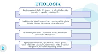 La obstrucción de la luz del órgano y la infección han sido
probadas en modelos experimentales
La obstrucción apendicular puede ser causada por hiperplasia
linfoide, fecalitos o coprolitos, cuerpos extraños
Infecciones parasitarias (Enterobius, Ascaris, Entamoeba,
Schistosoma, Strongyloides)
Aganglionosis intestinal, íleo meconial, fibrosis quística,
tumor carcinoide, acodaduras, membranas o bridas congénitas
o adquiridas, vólvulo del apéndice y trauma
ETIOLOGÍA
 