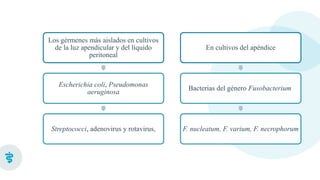 Los gérmenes más aislados en cultivos
de la luz apendicular y del líquido
peritoneal
Escherichia coli, Pseudomonas
aeruginosa
Streptococci, adenovirus y rotavirus,
En cultivos del apéndice
Bacterias del género Fusobacterium
F. nucleatum, F. varium, F. necrophorum
 