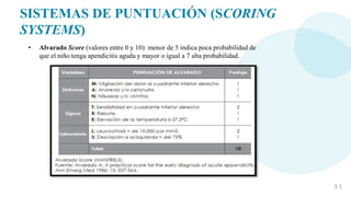 3 1
SISTEMAS DE PUNTUACIÓN (SCORING
SYSTEMS)
• Alvarado Score (valores entre 0 y 10): menor de 5 indica poca probabilidad de
que el niño tenga apendicitis aguda y mayor o igual a 7 alta probabilidad.
 
