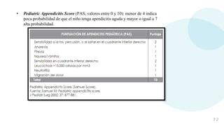 3 2
• Pediatric Appendicitis Score (PAS; valores entre 0 y 10): menor de 4 indica
poca probabilidad de que el niño tenga apendicitis aguda y mayor o igual a 7
alta probabilidad.
 
