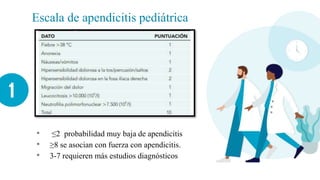 Escala de apendicitis pediátrica
1
• ≤2 probabilidad muy baja de apendicitis
• ≥8 se asocian con fuerza con apendicitis.
• 3-7 requieren más estudios diagnósticos
 