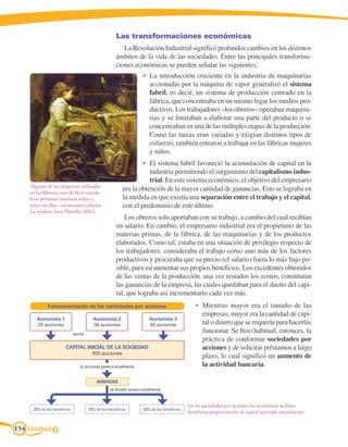 Unidad 6154
Las transformaciones económicas
La Revolución Industrial significó profundos cambios en los distintos
ámbitos de la vida de las sociedades. Entre las principales transforma-
ciones económicas se pueden señalar las siguientes:
•	 La introducción creciente en la industria de maquinarias
accionadas por la máquina de vapor generalizó el sistema
fabril, es decir, un sistema de producción centrado en la
fábrica, que concentraba en un mismo lugar los medios pro-
ductivos. Los trabajadores –los obreros– operaban maquina-
rias y se limitaban a elaborar una parte del producto o se
concentraban en una de las múltiples etapas de la producción.
Como las tareas eran variadas y exigían distintos tipos de
esfuerzo, también entraron a trabajar en las fábricas mujeres
y niños.
•	 El sistema fabril favoreció la acumulación de capital en la
industria permitiendo el surgimiento del capitalismo indus-
trial. En este sistema económico, el objetivo del empresario
era la obtención de la mayor cantidad de ganancias. Esto se lograba en
la medida en que existía una separación entre el trabajo y el capital,
con el predominio de este último.
Los obreros solo aportaban con su trabajo, a cambio del cual recibían
un salario. En cambio, el empresario industrial era el propietario de las
materias primas, de la fábrica, de las maquinarias y de los productos
elaborados. Como tal, estaba en una situación de privilegio respecto de
los trabajadores: consideraba el trabajo como uno más de los factores
productivos y procuraba que su precio (el salario) fuera lo más bajo po-
sible, para así aumentar sus propios beneficios. Los excedentes obtenidos
de las ventas de la producción, una vez restados los costos, constituían
las ganancias de la empresa, las cuales quedaban para el dueño del capi-
tal, que lograba así incrementarlo cada vez más.
Algunas de las máquinas utilizadas
en las fábricas eran de fácil manejo.
Esto permitió contratar niños y
niñas en ellas, con menores salarios.
La tejedora. Joan Planella (1882).
En las sociedades por acciones los accionistas recibían
beneficios proporcionales al capital aportado inicialmente.
•	 Mientras mayor era el tamaño de las
empresas, mayor era la cantidad de capi-
tal o dinero que se requería para hacerlas
funcionar. Se hizo habitual, entonces, la
práctica de conformar sociedades por
acciones y de solicitar préstamos a largo
plazo, lo cual significó un aumento de
la actividad bancaria.
Funcionamiento de las sociedades por acciones
aporte
20% de los beneficios 30% de los beneficios 50% de los beneficios
Accionista 1
20 acciones
Accionista 2
30 acciones
Accionista 3
50 acciones
CAPITAL INICIAL DE LA SOCIEDAD
100 acciones
la sociedad genera anualmente
BENEFICIOS
se dividen proporcionalmente
 
