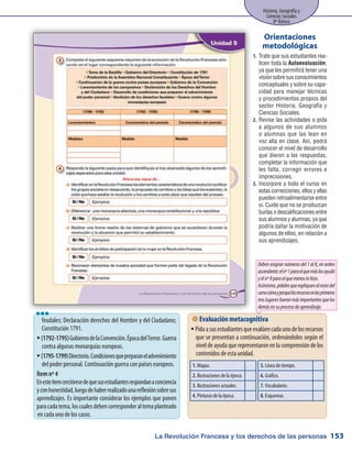 La Revolución Francesa y los derechos de las personas
Historia, Geografía y
Ciencias Sociales
8º Básico
153
Trate que sus estudiantes rea-1.	
licen toda la Autoevaluación,
ya que les permitirá tener una
visión sobre sus conocimientos
conceptuales y sobre su capa-
cidad para manejar técnicas
y procedimientos propios del
sector Historia, Geografía y
Ciencias Sociales.
Revise las actividades o pida2.	
a algunos de sus alumnos
o alumnas que las lean en
voz alta en clase. Así, podrá
conocer el nivel de desarrollo
que dieron a las respuestas,
completar la información que
les falta, corregir errores e
imprecisiones.
Incorpore a todo el curso en3.	
estas correcciones, ellos y ellas
pueden retroalimentarse entre
si. Cuide que no se produzcan
burlas o descalificaciones entre
sus alumnos y alumnas, ya que
podría dañar la motivación de
algunos de ellos, en relación a
sus aprendizajes.
Orientaciones
metodológicas
feudales; Declaración derechos del Hombre y del Ciudadano;
Constitución 1791.
(1792-1795)ƒƒ GobiernodelaConvención.ÉpocadelTerror.Guerra
contra algunas monarquías europeas.
(1795-1799)ƒƒ Directorio.Condicionesquepreparaneladvenimiento
del poder personal. Continuación guerra con países europeos.
Ítem nº 4
Enesteítemcercióresedequesusestudiantesrespondanaconciencia
yconhonestidad,luegodehaberrealizadounareflexiónsobresus
aprendizajes. Es importante considerar los ejemplos que ponen
paracadatema,loscualesdebencorresponderaltemaplanteado
en cada uno de los casos.
lll
 Evaluación metacognitiva
Pidaasusestudiantesqueevalúencadaunodelosrecursosƒƒ
que se presentan a continuación, ordenándolos según el
nivel de ayuda que representaron en la comprensión de los
contenidos de esta unidad.
Deben asignar números del 1 al 8, en orden
ascendente;elnº1paraelquemáslosayudó
yelnº8paraelquemenoslohizo.
Asimismo,pídalesqueexpliquenalrestodel
cursocómoyporquélosrecursosenlosprimeros
treslugaresfueronmásimportantesquelos
demásensuprocesodeaprendizaje.
1. Mapas.
2. Ilustraciones de la época.
3. Ilustraciones actuales.
4. Pinturas de la época.
5. Línea de tiempo.
6. Gráfico.
7. Vocabulario.
8. Esquemas.
 