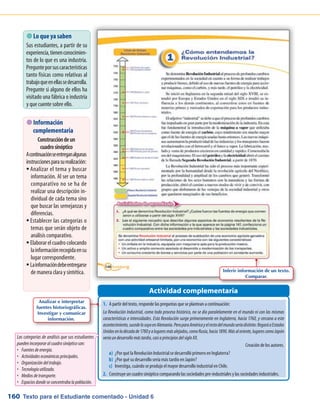 Texto para el Estudiante comentado - Unidad 6160
 Lo que ya saben
Sus estudiantes, a partir de su
experiencia,tienenconocimien-
tos de lo que es una industria.
Pregunteporsuscaracterísticas
tanto físicas como relativas al
trabajoqueenellassedesarrolla.
Pregunte si alguno de ellos ha
visitado una fábrica o industria
y que cuente sobre ello.
Actividad complementaria
 Información
complementaria
Construccióndeun
cuadrosinóptico
Acontinuaciónseentreganalgunas
instruccionesparasurealización:
Analizar el tema y buscarƒƒ
información. Al ser un tema
comparativo no se ha de
realizar una descripción in-
dividual de cada tema sino
que buscar las semejanzas y
diferencias.
Establecer las categorías oƒƒ
temas que serán objeto de
análisis comparativo.
Elaborarelcuadrocolocandoƒƒ
lainformaciónrecogidaensu
lugar correspondiente.
Lainformacióndebeentregarseƒƒ
de manera clara y sintética.
1.	 A partir del texto, responde las preguntas que se plantean a continuación:
La Revolución Industrial, como todo proceso histórico, no se dio paralelamente en el mundo ni con las mismas
características e intensidades. Esta Revolución surge primeramente en Inglaterra, hacia 1760, y cercano a este
acontecimiento,sucedelosuyoenAlemania.PeroparaAméricayelrestodelmundoseríadistinto:llegaráaEstados
Unidosenladécadade1780yalugaresmásalejados,comoRusia,hacia1890.Másaloriente,lugarescomoJapón
veríaundesarrollomástardío,casiaprincipiosdelsigloXX.
Creación de los autores.
a)	 ¿Por qué la Revolución Industrial se desarrolló primero en Inglaterra?
b)	 ¿Por qué su desarrollo sería más tardío en Japón?
c)	 Investiga, cuándo se produjo el mayor desarrollo industrial en Chile.
2.	 Construye un cuadro sinóptico comparando las sociedades pre-industriales y las sociedades industriales.
Las categorías de análisis que sus estudiantes
puedenincorporaralcuadrosinópticoson:
•	 Fuentesdeenergía.
•	 Actividadeseconómicasprincipales.
•	 Organización deltrabajo.
•	 Tecnologíautilizada.
•	 Mediosdetransporte.
•	 Espaciosdondeseconcentrabalapoblación.
Inferir información de un texto.
Comparar.
Analizar e interpretar
fuentes historiográficas.
Investigar y comunicar
información.
 