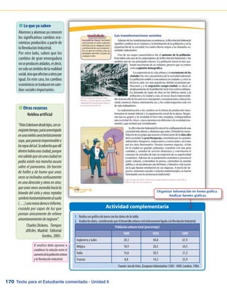 Texto para el Estudiante comentado - Unidad 6170
1.	 Realiza un gráfico de barra con los datos de la tabla.
2.	 Analizalosdatos,considerandoqueeldesarrollourbanoestáíntimamenteligadoalaRevoluciónIndustrial.
 Lo que ya saben
Alumnosyalumnasyaconocen
los significativos cambios eco-
nómicos producidos a partir de
la Revolución Industrial.
Por otro lado, saben que los
cambios de gran envergadura
noseproducenaislados,esdecir,
ensolounámbitodelarealidad
social,sinoqueafectanaotrospor
igual. En este caso, los cambios
económicossetraducenencam-
bios sociales importantes.
Actividad complementaria
 Otros recursos
Neblina artificial
“VistoCoketowndesdelejos,conse-
mejantetiempo,yacíaamortajado
enunanieblacaracterísticamente
suya,queparecíaimpermeablea
losrayosdelsol.Seadvertíaqueallí
dentrohabíaunaciudad,porque
erasabidoquesinunaciudadno
podía existir esa mancha oscura
sobre el panorama. Un borrón
de hollín y de humo que unas
vecesseinclinabaconfusamente
en una dirección y otras en otra;
queunasvecesascendíahacíala
bóveda del cielo y otras reptaba
sombríohorizontalmentealsuelo
(….)unamasadensaeinforme,
cruzada por capas de luz que
ponían únicamente de relieve
amontonamientodenegrura”.
Charles Dickens. Tiempos
difíciles. Madrid: Editorial
Gredos, 2005.
Población urbana total (porcentaje)
1800 1850 1890
Inglaterra y Gales 20,3 40,8 61,9
Bélgica 18,9 20,5 34,5
Italia 14,6 20,3 21,2
Francia 8,8 14,5 25,9
Organizar información en forma gráfica.
Analizar fuentes gráficas.
Fuente:JandeVries.EuropeanUrbanization1500-1800.Londres,1984.
El análisis debe apuntar a
establecer la relación entre el
aumentodelapoblaciónurbana
ylaRevoluciónIndustrial.
 