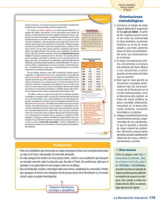 La Revolución Industrial
Historia, Geografía y
Ciencias Sociales
8º Básico
179
Comience el trabajo de estas1.	
páginas aplicando la sugerencia
de Lo que ya saben. A partir
de ahí, explique que así como
lo han visto con anterioridad
en otros contextos, un proceso
histórico no se da de modo
aislado y, por ende, podemos
observar tanto sus anteceden-
tes como sus consecuencias
en el tiempo.
En base a la explicación ante-2.	
rior, dé comienzo a la lectura
del contenido del Texto. Motive
a sus estudiantes a tomar
apuntes con las ideas centrales
que se exponen.
Note que en cada párrafo se3.	
encuentran conceptos desta-
cados en rojo. Así, las proyec-
ciones de la Revolución en el
mundo contemporáneo, como
se denomina este capítulo, se
tratan de modo sintético en
base a: sociedad, urbanización,
inequidad en el desarrollo,
medio ambiente, revolución
tecnológica y progreso.
Indague constantemente en los4.	
conocimientos previos y expe-
rienciales de sus estudiantes,
lo que le ayudará a abordar
de mejor manera los conteni-
dos. Asimismo, procure darles
ejemplosactualesestableciendo
relaciones de causa y efecto o
permanencia y cambio.
Orientaciones
metodológicas
Pidaasusestudiantesqueconstruyanunmapaconceptualenbasealosconceptosdestacados1.	
en rojo en el Texto, relacionados al contenido abordado.
En cada categoría de análisis de estas proyecciones, solicite a sus estudiantes que busquen2.	
un ejemplo concreto sobre la situación que describe el Texto. De preferencia, pida que el
ejemplo se vea plasmado en una imagen o bien en un dibujo.
Unavezfinalizado,ínstelosainvestigarsobreestostemas,ampliandoloscontenidos.Pídales3.	
que agreguen al menos una categoría más de proyecciones de la Revolución en el mundo
actual, según su propia investigación.
Evaluación
 Otros recursos
Visite la página web http://
www.elsur.cl/edicion_hoy/
secciones/articulo.php?
id=59507dia=1126238400don-
depodráencontrarunejemplode
impactopositivoparalapoblación
enrelaciónalosavancestecnoló-
gicos. Aun cuando se relata una
noticiadelaño2005,sucontexto
sigueplenamentevigente.Organizar información.
Investigar y ejemplificar.
 